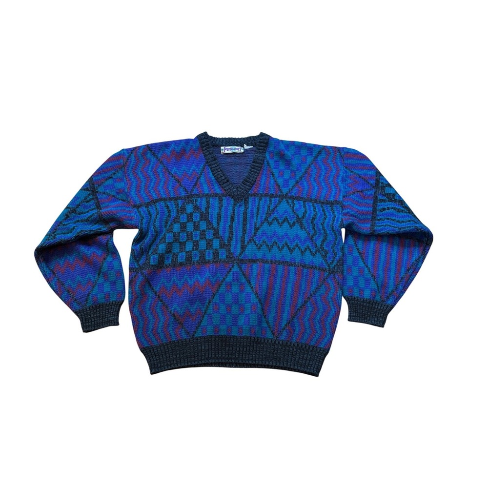 Permit‎ Sweater Mens Blue Geometric Abstract Vintage V-Neck Knit SIZE L